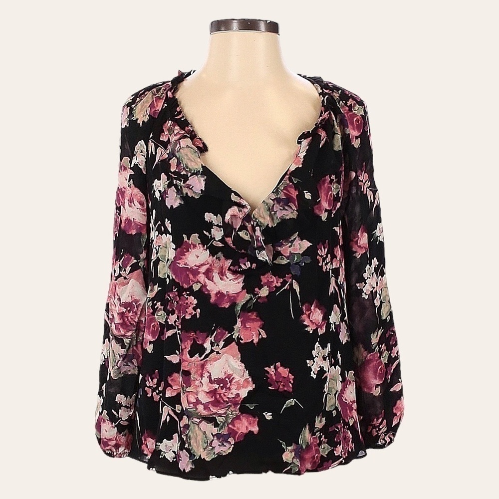 Joie Rose Floral Print Black V-Neck Oversized Boho Silk Blouse Size XS